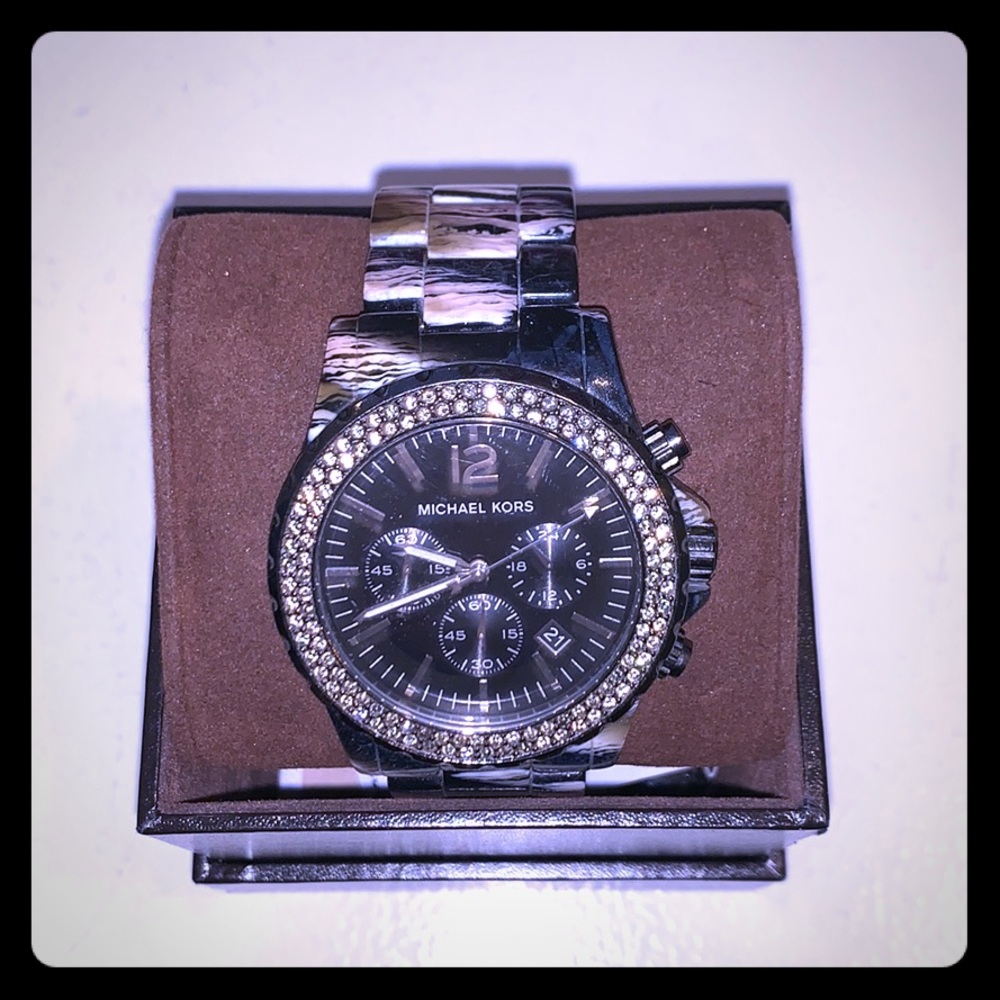 MK chronograph watch Black/PaveCrystal/SafariPrint